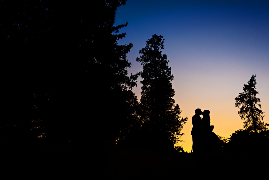 A silhouette of a bride and groom kissing at sunset.